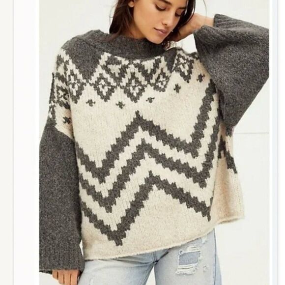 Free People Alpaca/Wool blend Nordic Rainbow Stripe Oversized Chunky Sweater - Picture 1 of 7